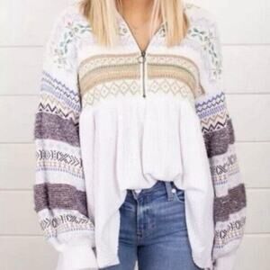 Free People Women's Cozy Cottage Half Zip Sweater M White Fair Isle Nordic Knit
